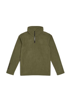 Oliivivihreä fleece-pulloveilla, jossa on korkea kaulus, puoleen väliin avautuva vetskari ja logoyksityiskohta hihassa. Pehmeä rakenne ja kevyt muotoilu.