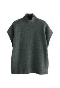 Gray knitted sweater with a high ribbed neck, short sleeves, and a loose fit. Features a soft texture and ribbed hem at the bottom.