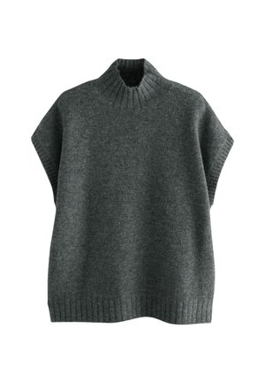 Gray knitted sweater with a high ribbed neck, short sleeves, and a loose fit. Features a soft texture and ribbed hem at the bottom.