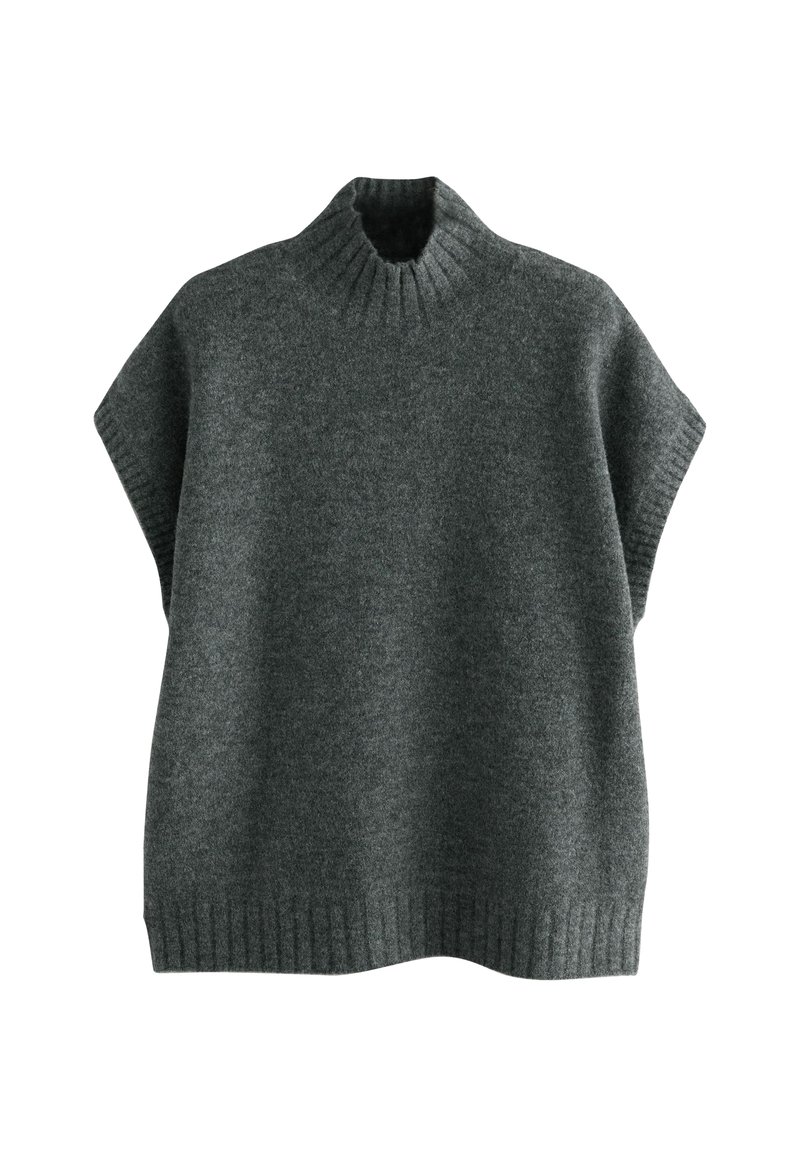 Gray knitted sweater with a high ribbed neck, short sleeves, and a loose fit. Features a soft texture and ribbed hem at the bottom.