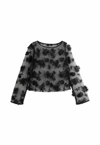 Zwart doorschijnend top met lange mouwen, versierd met.getextureerde bloemen appliqués. Heeft een ronde halslijn en een aansluitende silhouet.