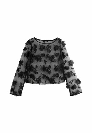 Schwarzes, transparentes Oberteil mit langen Ärmeln, verziert mit strukturierten Blumenapplikationen. Hat einen runden Ausschnitt und eine figurbetonte Silhouette.