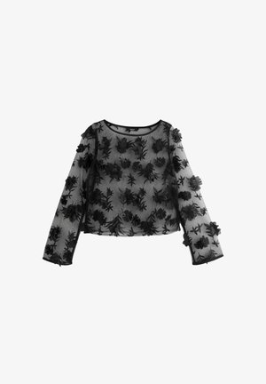 Crna prozirna bluza s dugim rukavima, ukrašena teksturiranim cvjetnim aplikacijama. Ima okrugli izrez i prilagođeni siluetu.