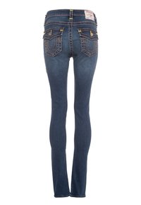 Mörkblå denim skinny jeans med en klassisk femfickedesign, med dekorativ sömnad och märkespatch på midjebandet.