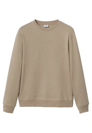 Beżowa bluza z długim rękawem i okrągłym dekoltem, ze ściągaczami na rękawach i dole, ułożona płasko na białym tle.