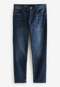 Jeanși din denim slim fit, de culoare albastru închis, cu un design clasic cu cinci buzunare, ușoare decolorări și cusături contrastante pe șanțuri.