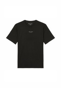 T-shirt noir à manches courtes avec col rond, petit logo blanc « Marc O'Polo » centré sur la poitrine et à l'intérieur du col.