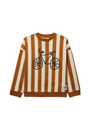 Sweat-shirt à manches longues avec des rayures verticales marron et crème et un simple motif de bicyclette noire centré sur le devant.