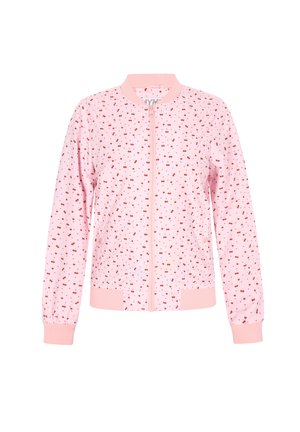 Jachetă bomber roz deschis cu imprimeu de cireșe, cu manșete și tiv elastice. Dispune de un fermoar frontal și un guler din material cu riburi pentru o fixare sigură.