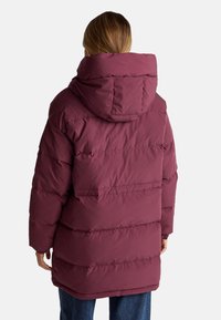 Persona che indossa un lungo cappotto invernale imbottito color bordeaux con cappuccio, vista da dietro su uno sfondo bianco semplice.
