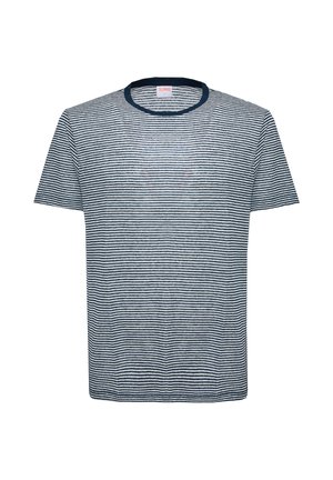T-shirt a maniche corte con righe orizzontali blu navy e bianche e scollo rotondo a tinta unita blu navy.