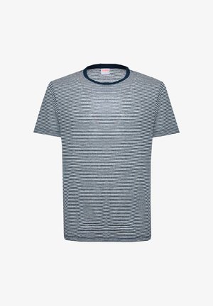 T-shirt a maniche corte con righe orizzontali blu navy e bianche e scollo rotondo a tinta unita blu navy.