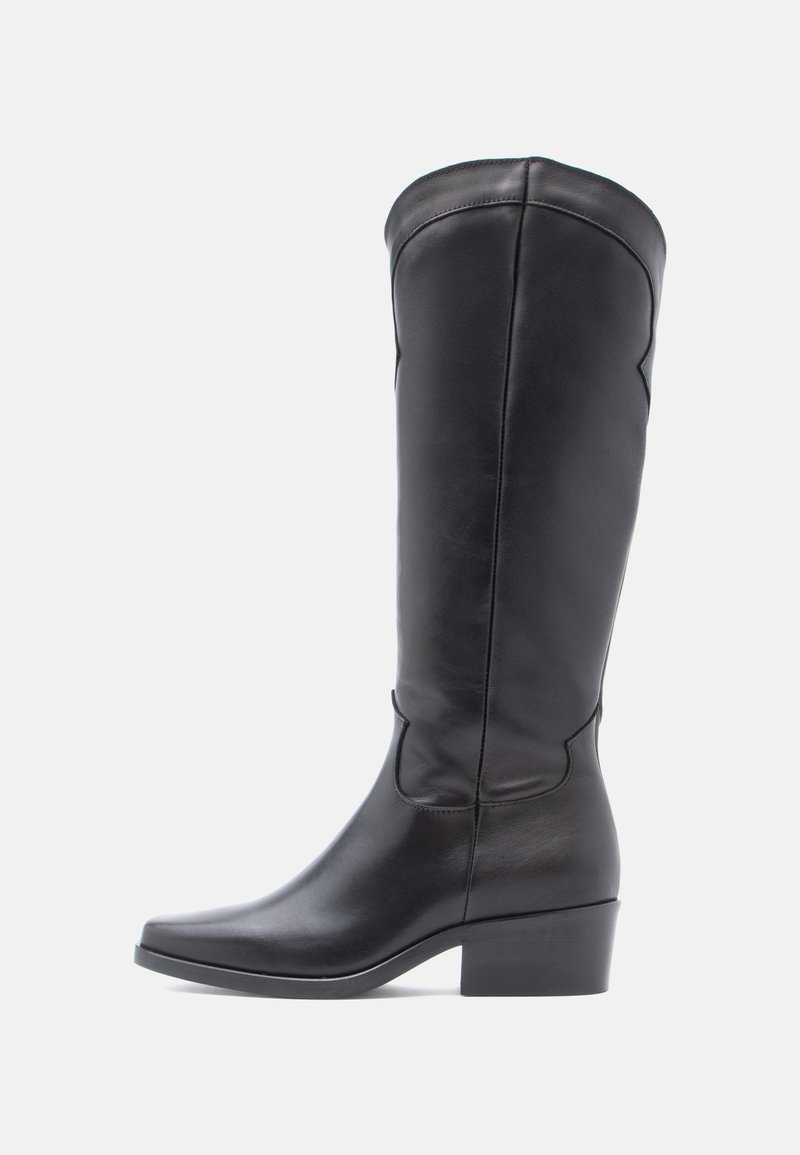 Knee-high black leather boots with a square toe and a low block heel. Smooth texture and subtle seam detailing on the shaft.