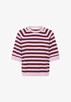 Maglia a maniche corte con righe orizzontali rosa e rosso scuro e scollatura arrotondata.