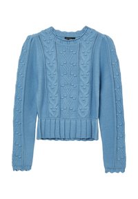 Hellblauer Strickpullover mit geripptem Saum, Puffärmeln und aufwendigen Zopfmustern auf der Vorderseite und den Ärmeln.