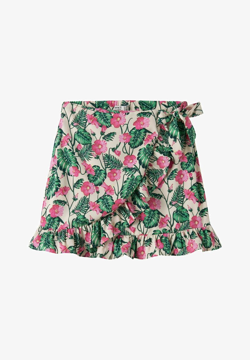 Jupe portefeuille fleurie avec des fleurs roses, des feuilles vertes sur un tissu crème, ourlet à volants et fermeture par nouage latéral.