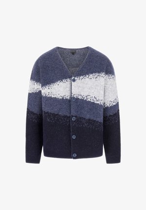 Cardigan blu navy con strisce sfumate in grigio chiaro e tonalità più scure. Realizzato in materiale morbido, con scollo a V e sei bottoni.