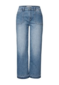 Jeans de mezclilla anchos de color azul claro con una cintura alta, cinco bolsillos y un leve desgaste. Presentan costuras en contraste y un dobladillo deshilachado.