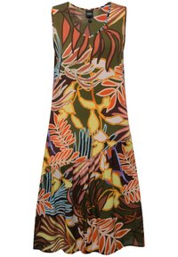 Vestido sin mangas con un estampado floral que presenta tonos de naranja, rosa y verde. Confeccionado en tela ligera y con un dobladillo acampanado. Diseño en forma de V.