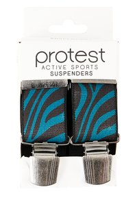 Aktyvūs sportiniai petnešos su juodai ir žaliai dryžuotu zebrų raštu, įrengti blizgiais sidabro spalvos spaustukais. Supakuoti prekiniu stendu.