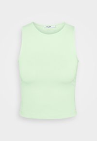 Débardeur court vert clair sans manches en tissu lisse. Présente un col rond et une silhouette ajustée. Aucun motif ou accent supplémentaire.