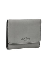 Gray leather wallet with a smooth texture, featuring a fold-over flap and embossed logo. Compact rectangular shape with clean stitching.