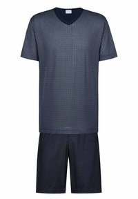 Navy blue short-sleeve V-neck T-shirt with a dotted pattern, paired with matching navy shorts. Both made from soft, lightweight fabric.