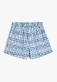 Pantalones cortos texturizados en azul y blanco con un patrón de cuadros, cinturilla elástica y corte relajado. Material de mezcla de algodón.