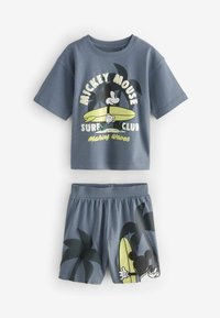 Set a tema surf di Topolino, composto da una maglietta grigia con stampa grafica e pantaloni abbinati. Composizione in cotone misto, vestibilità comoda, vita elasticizzata.