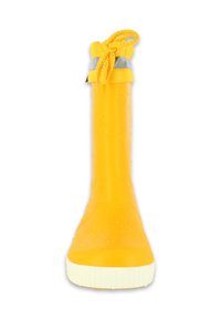 Botte imperméable jaune avec un extérieur lisse et une semelle texturée. Présente un revers gris et un cordon de serrage jaune tressé en haut.