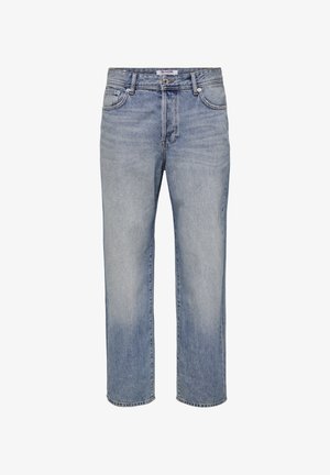 Siniset farkut leveälahkeisella mallilla, haalistettu pinta, viisi taskua, napillinen kääntö, ja vyölenkit. Klassinen tyyli hienovaraisilla ompeluilla.