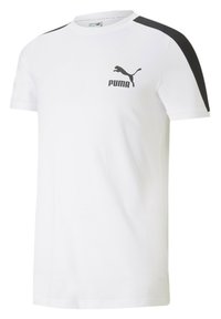 Bílá krátká bavlněná tričko s krátkým rukávem, se černými detaily na ramenou a černým logem Puma na levé hrudi.