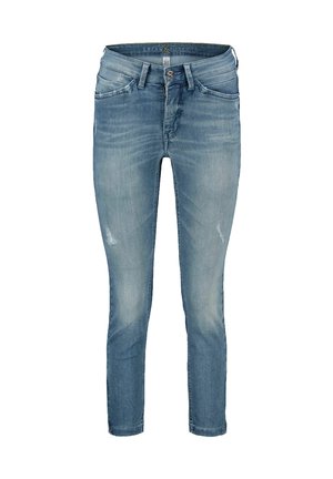 Hellblaue Slim-Fit-Jeans mit leichter Used-Optik an den Oberschenkeln, Fünf-Taschen-Design, Knopf- und Reißverschluss sowie Gürtelschlaufen.