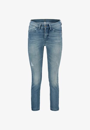 Light blue slim-fit jeans with slight distressing on thighs, five-pocket design, button and zipper closure, and belt loops.