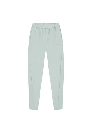 Light green athletic pants with an elastic waistband, tapered legs, and side pockets. Material appears smooth with a subtle sheen.