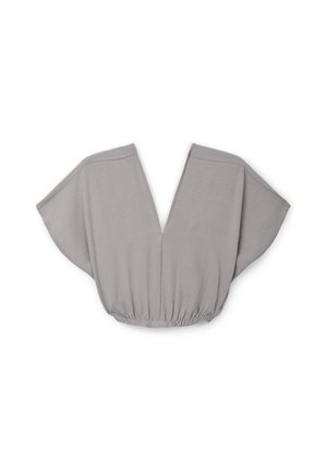 Crop top grigio con scollatura a V profonda, maniche larghe e orlo elasticizzato. Realizzato in tessuto morbido con una consistenza liscia.