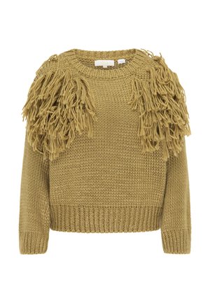 Pulover tricotat în verde măsliniu, cu fir texturat, având accente de franjuri pe umeri, gât rotund și mâneci lungi. Croială clasică.