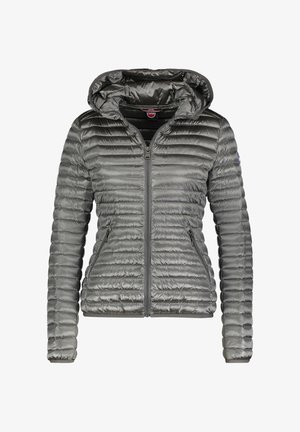 Veste isolante grise avec fermeture éclair à l'avant et capuche. Motif matelassé horizontal, poches latérales et poignets elastiques pour plus de fonctionnalité.