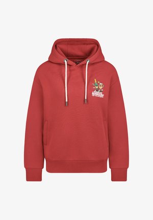Rotes Baumwoll-Hoodie mit einer Fronttasche, Kapuze mit Kordelzug und einem grafischen Druck mit einer Flasche und Figuren. Der Text lautet "Bubbles & Candlelight".