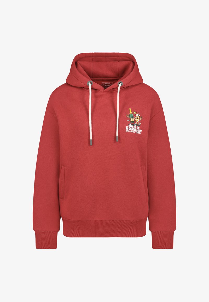 Rotes Baumwoll-Hoodie mit einer Fronttasche, Kapuze mit Kordelzug und einem grafischen Druck mit einer Flasche und Figuren. Der Text lautet "Bubbles & Candlelight".