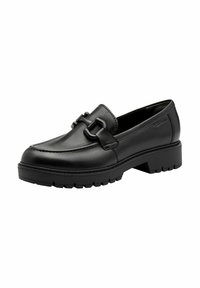 Black leather loafers with a rounded toe, decorative black buckle, and a chunky rubber sole featuring tread patterns.