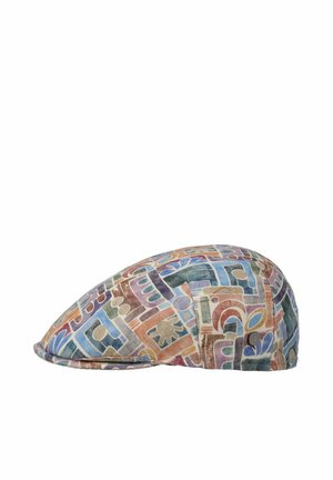 Flat cap with a multicolored geometric pattern in blue, brown, green, and beige shapes on fabric, shown from the side on a white background.