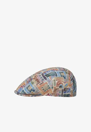Flat cap with a multicolored geometric pattern in blue, brown, green, and beige shapes on fabric, shown from the side on a white background.