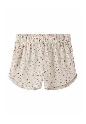 Jasnobeżowe szorty z elastycznym pasem, ozdobione drobnym, równomiernie rozmieszczonym wzorem kwiatowym w kolorach różowym, fioletowym i niebieskim.