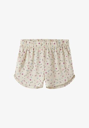 Svijetlo bež kratke hlače s elastičnim pojasom, s malim ružičastim, ljubičastim i plavim cvjetnim uzorkom ravnomjerno raspoređenim.