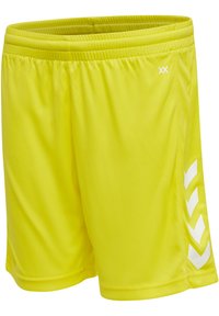 Heldere gele sportshorts van lichtgewicht materiaal. Beschikken over een elastische tailleband en witte chevronpatronen aan de zijkanten.