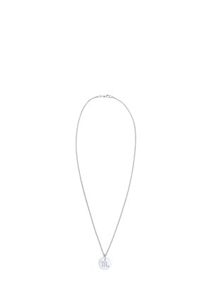 Silver necklace featuring a thin chain and a round charm with the Scorpio symbol engraved in the center. Smooth texture and sleek design.