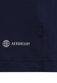 Navy fabric featuring a smooth texture. "AEROREADY" logo printed in white, above a globe graphic. Simple, understated design.