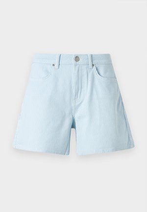 Pantaloni scurți cu dungi albastre deschise, cu talie înaltă, buzunare frontale și închidere cu nasture metalic. Materialul are o textură moale și o croială ajustată.