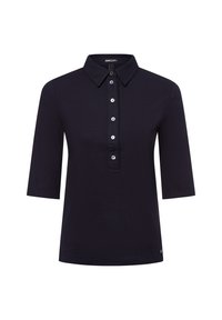 Zwarte korte mouwen polo shirt met puntige kraag en vijf knopen aan de voorkant, weergegeven op een effen witte achtergrond.